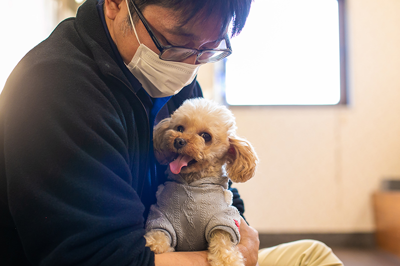 スタッフが小型犬を抱いている。アニマルセラピーや入居者との交流場面と考えられます。